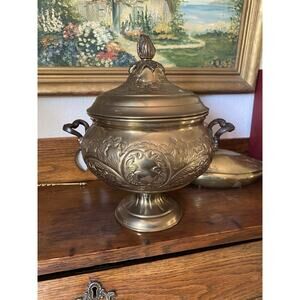 Vintage Brass Lidded Pedestal Pot Hand Tooled Embossed Ribbon Handles
